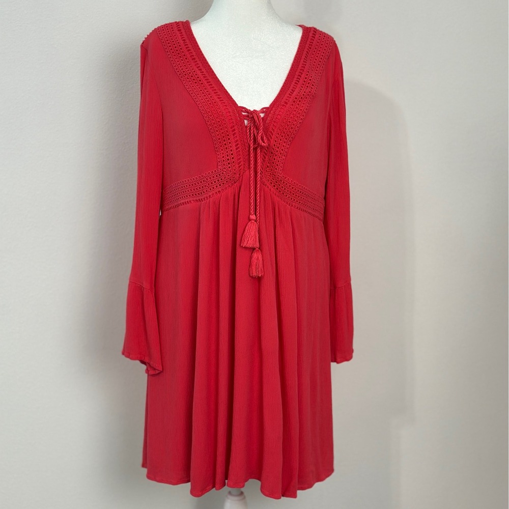 Torrid Crochet Lace Up Boho Mini Dress Womens Size 1‎ melon red